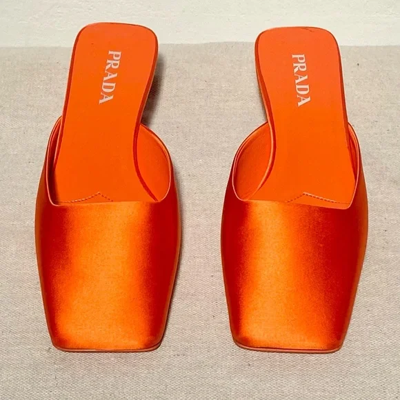 Prada orange satin silk square toe mules logo heels with box size 41 - Picture 3 of 13